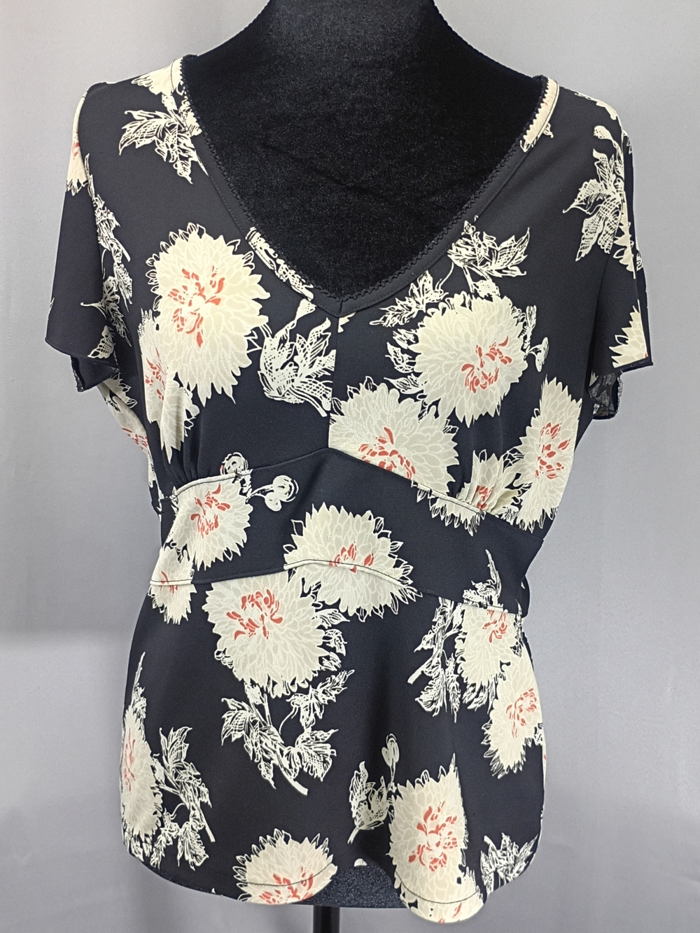 Liz Claiborne Black V-Neck Floral Blouse with Cream and Peach Accents